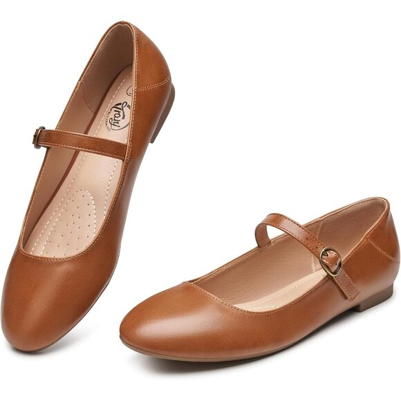 Trary Women Brown Leather Round Toe Mary Jane Ankle Strap Ballet Flats Shoes - Picture 1 of 6